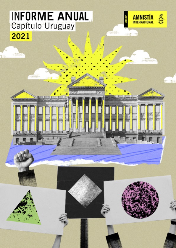 Collage del palacio Legislativo con destaques en amarillo y un sol amarillo con la misma silueta que el de la bandera asomando por encima. Debajo se ven manos que sostienen pancartas con figuras geométricas abstractas y puños en alto.