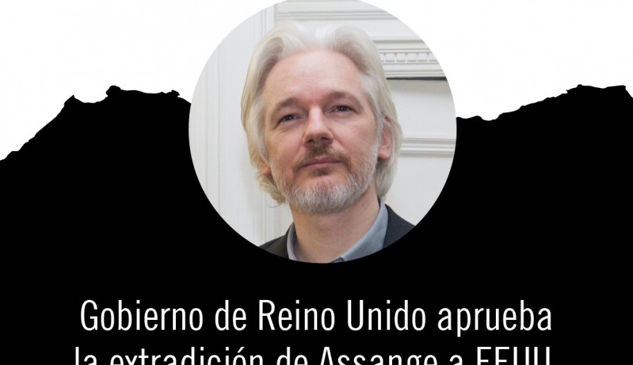 Retrato de Julian Assange. Arriba de la foto la palabra URGENTE y abajo Gobierno de Reino Unido aprueba la extradición de Assange a EEUU. Luego se ve Amnistia Internacional y su logo