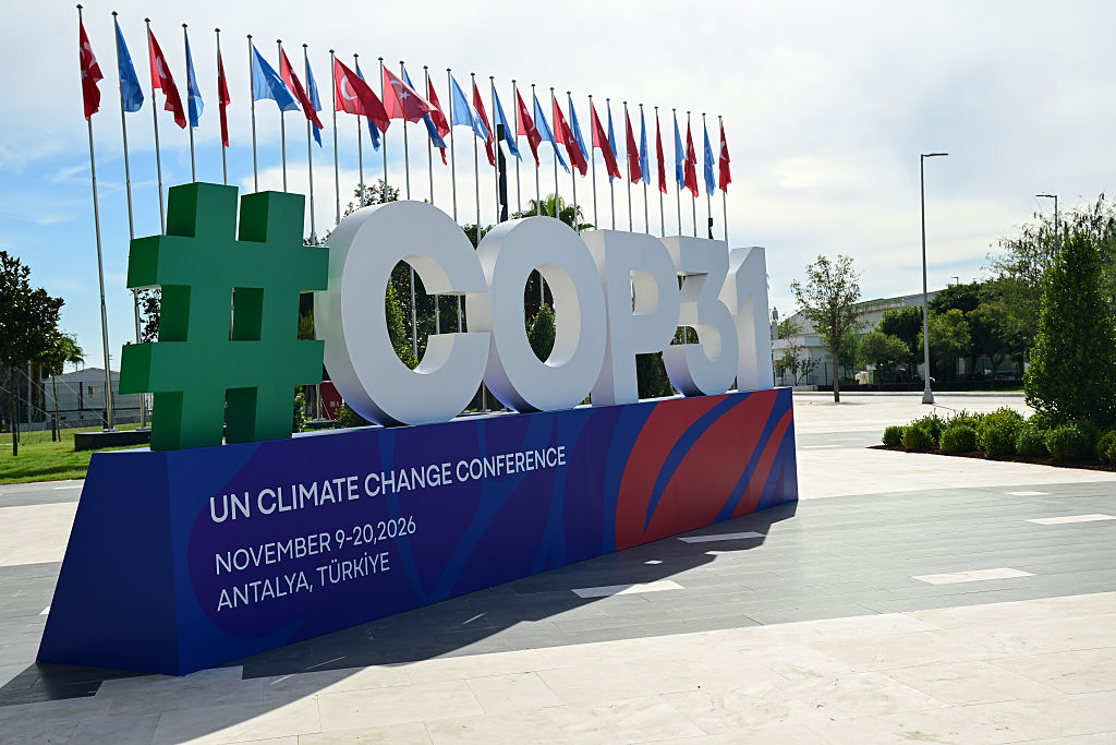 Fila de banderas de paises detrás de un cartel donde se lee en letras con volumen #COP31